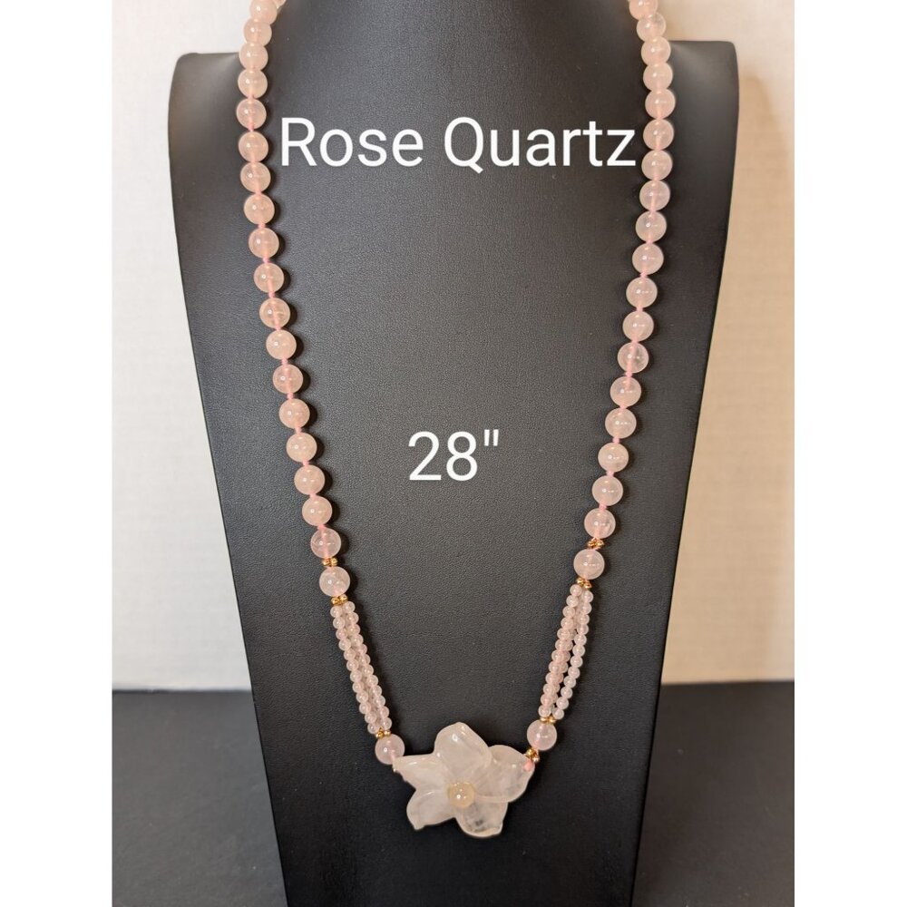 Rose Quartz Beaded Necklace With Flower Pendant 28" Natural Stone Jewelry